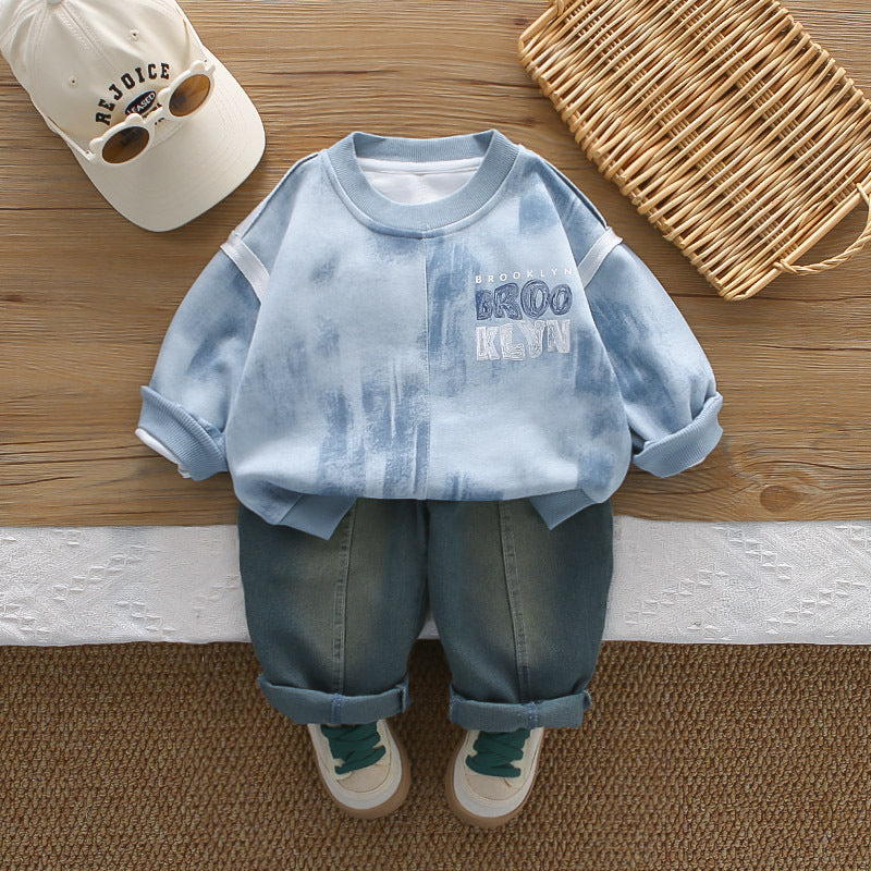 Two piece set of round neck hoodies for infants and children