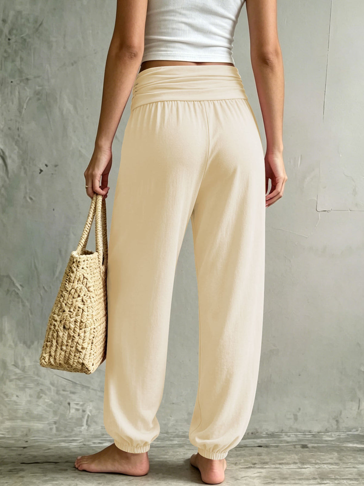 Summer Women Fold Over Waist Joggers, Soft Stretchy Loose Harem Pants Casual Daily Lounge Tapered Sweat Pants