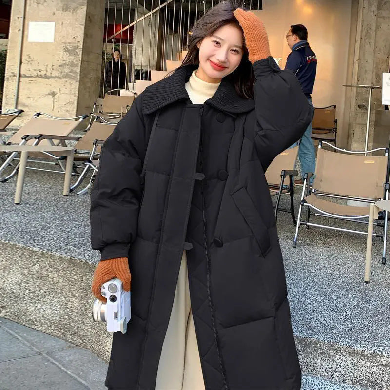 Womens Fashionable Knitted Long Cotton Coat With A Turn-Down Collar
