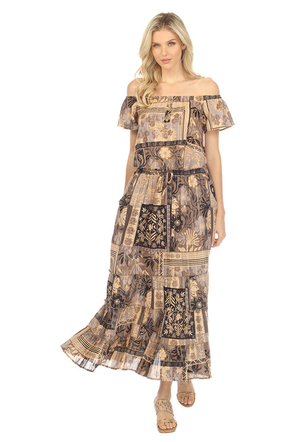 Tropical Patchwork Off Shoulder Crop Top