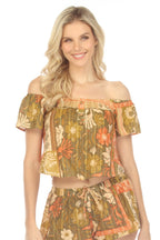 Tropical Patchwork Off Shoulder Crop Top
