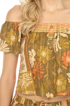 Tropical Patchwork Off Shoulder Crop Top
