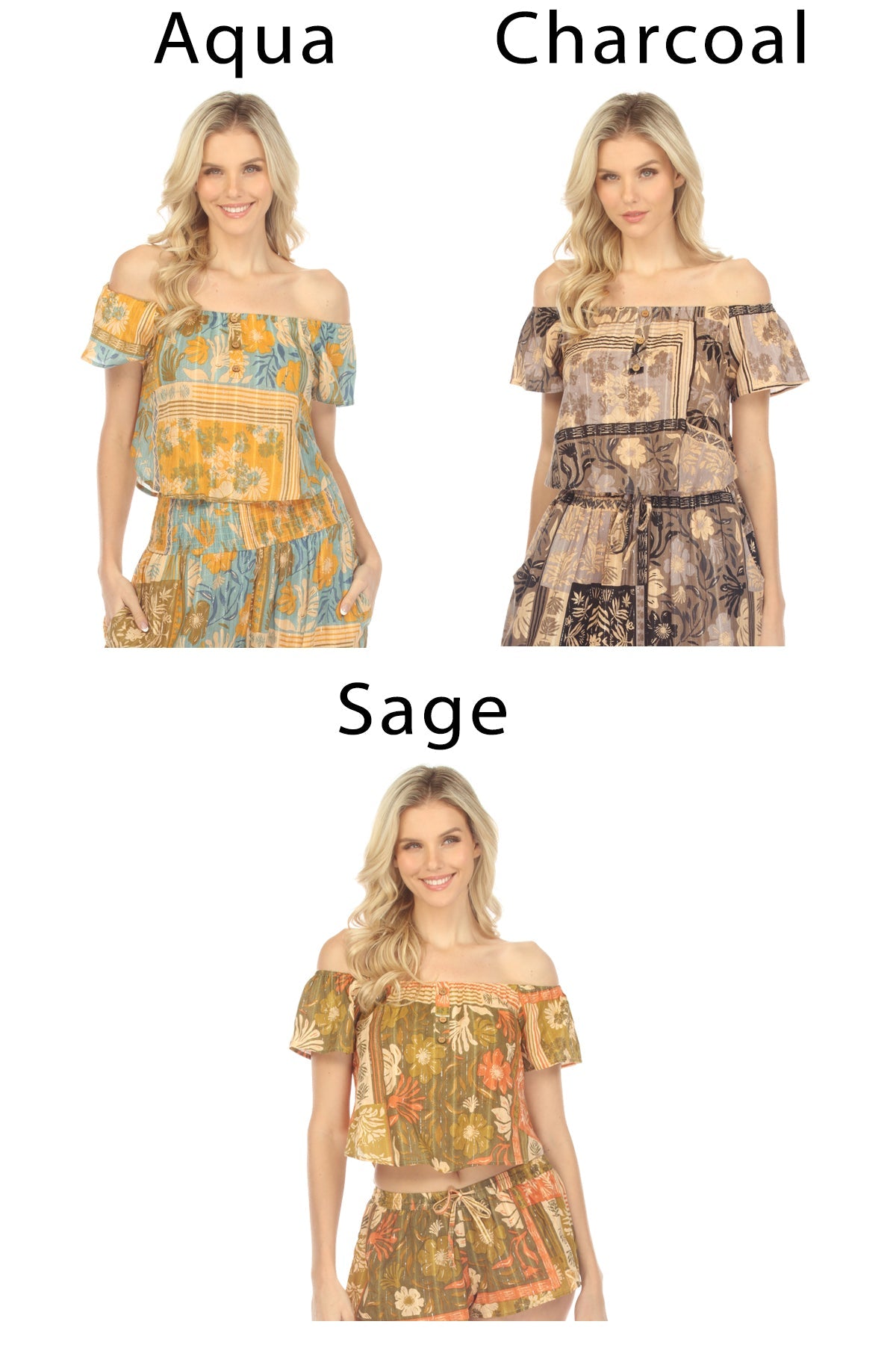 Tropical Patchwork Off Shoulder Crop Top