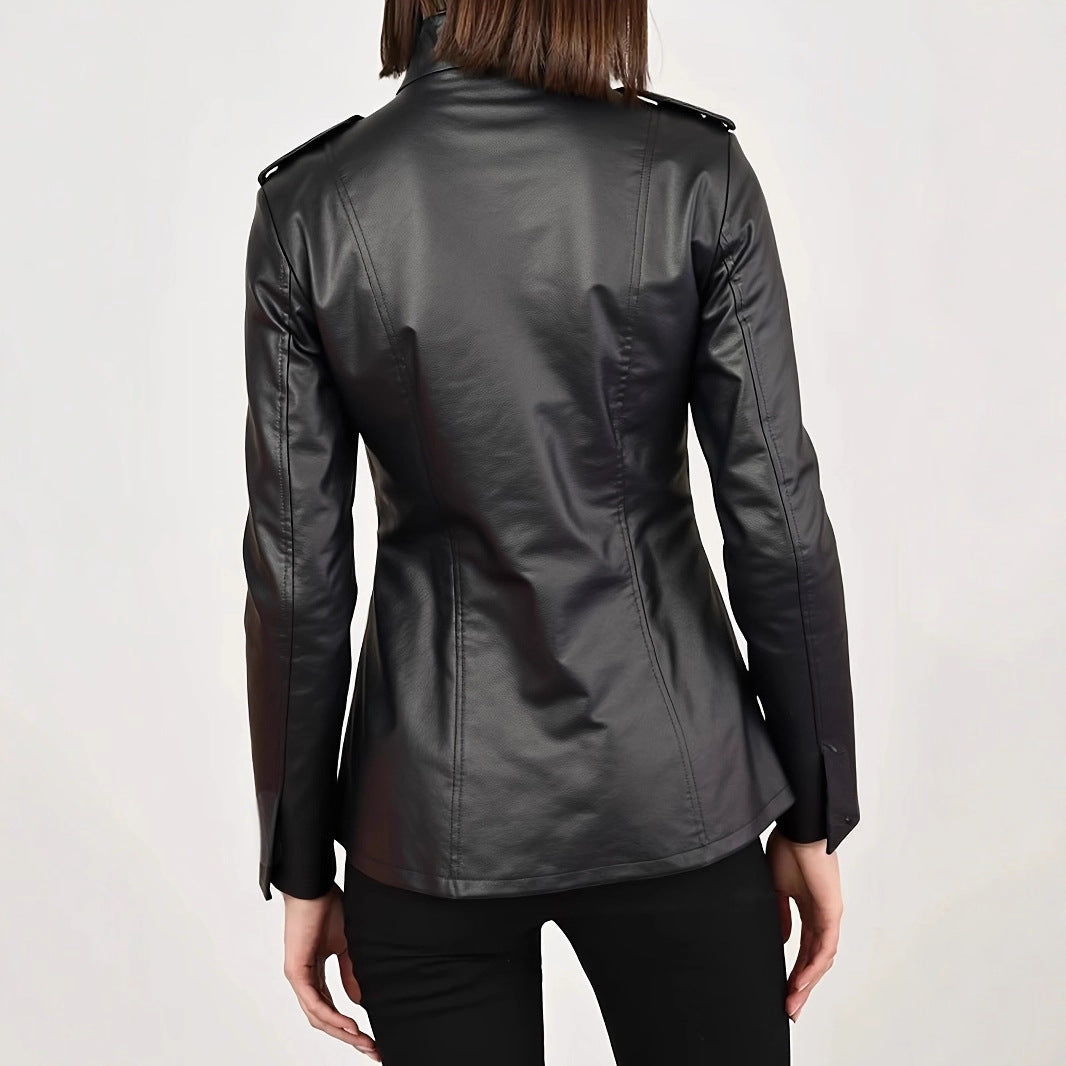 Women's Stand Collar Long Sleeve Distressed Fashion Leather Jacket Coat