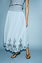 Lace Embroidered Plaid Midi Skirt