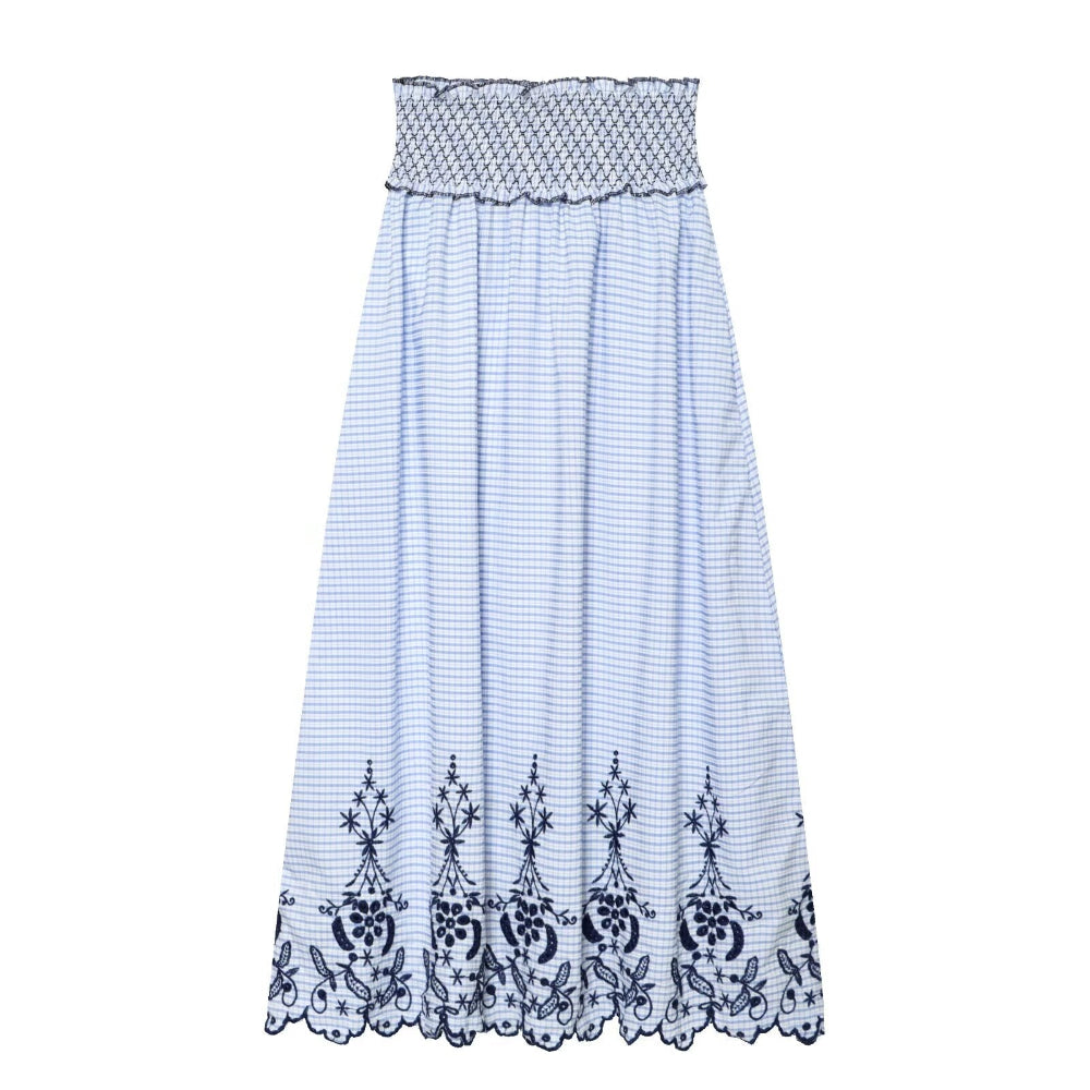 Lace Embroidered Plaid Midi Skirt
