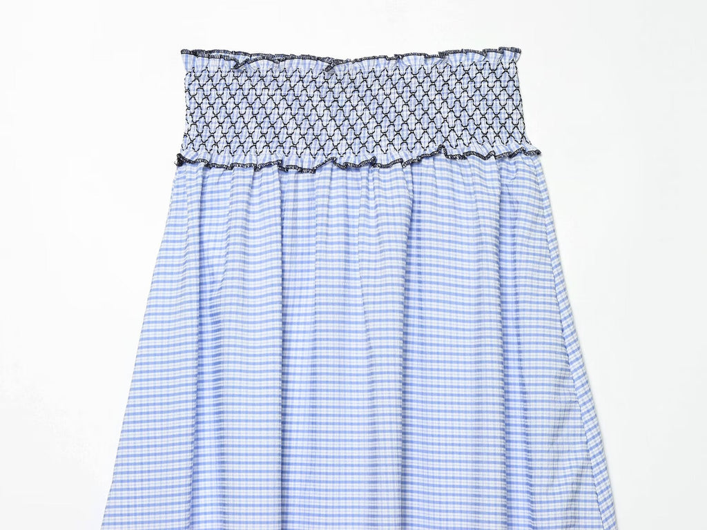 Lace Embroidered Plaid Midi Skirt