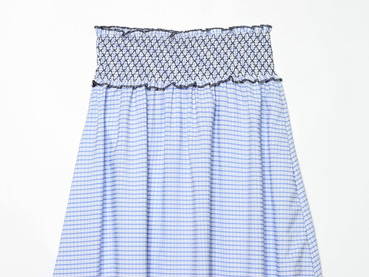 Lace Embroidered Plaid Midi Skirt