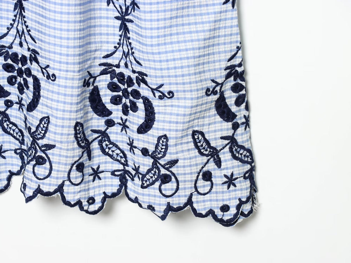Lace Embroidered Plaid Midi Skirt