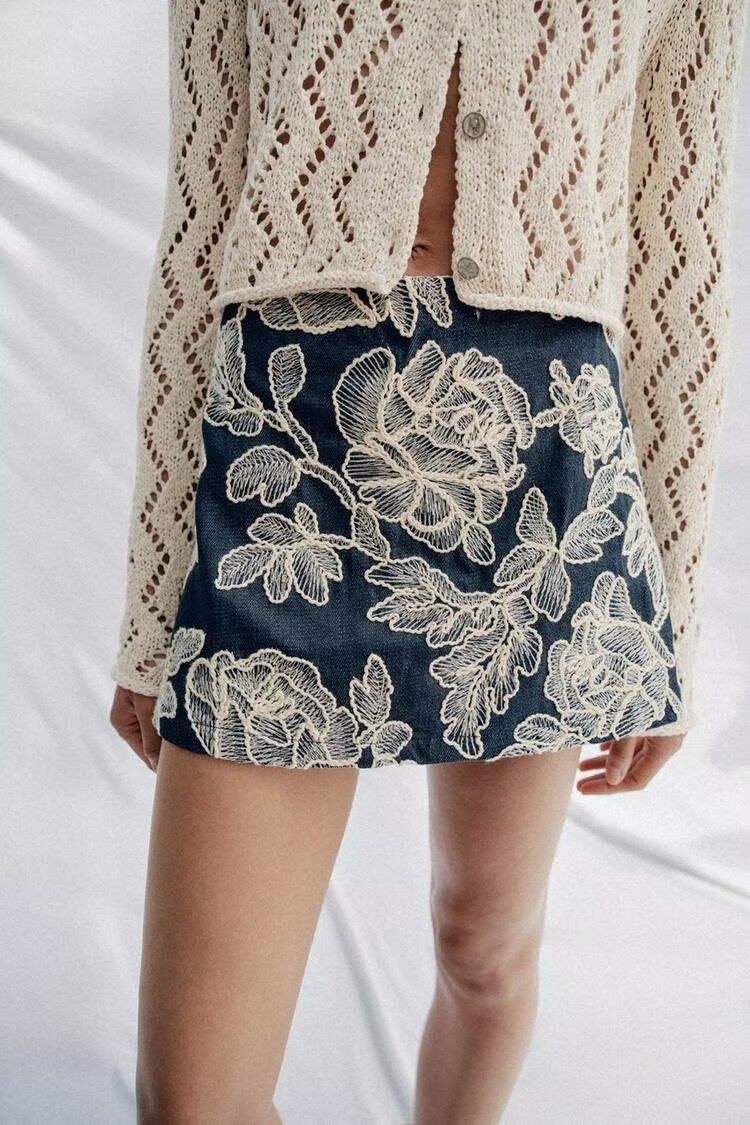 Rose Embroidered Denim Skort