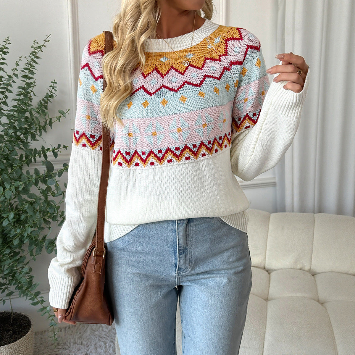 Women's Jacquard Color Block Knit Top