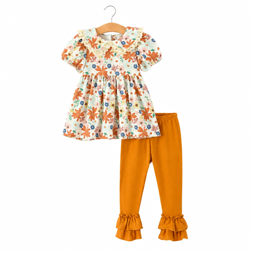 Floral Lace Collar Girls Outfit Set