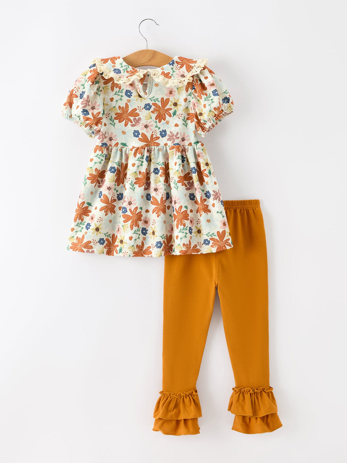 Floral Lace Collar Girls Outfit Set