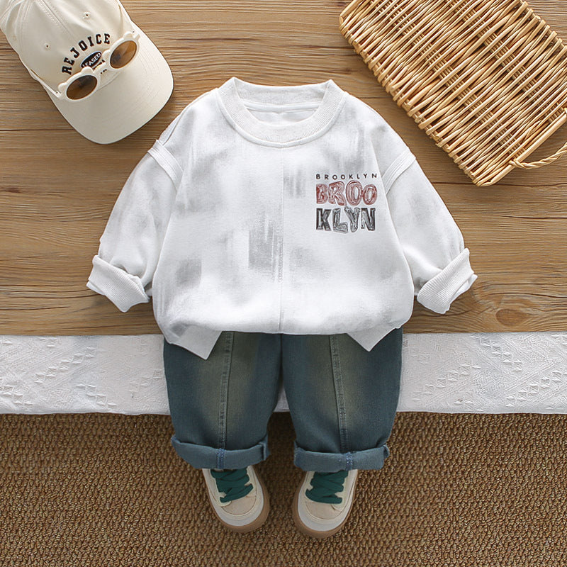 Two piece set of round neck hoodies for infants and children
