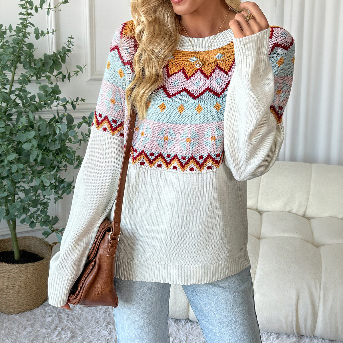 Women's Jacquard Color Block Knit Top