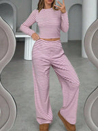 Striped Long Sleeve Crop Top and Wide Leg Pants Two-Piece Set
