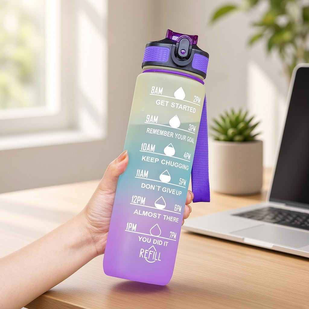 32 oz Gradient Water Bottle with Straw & Motivational Time Markers