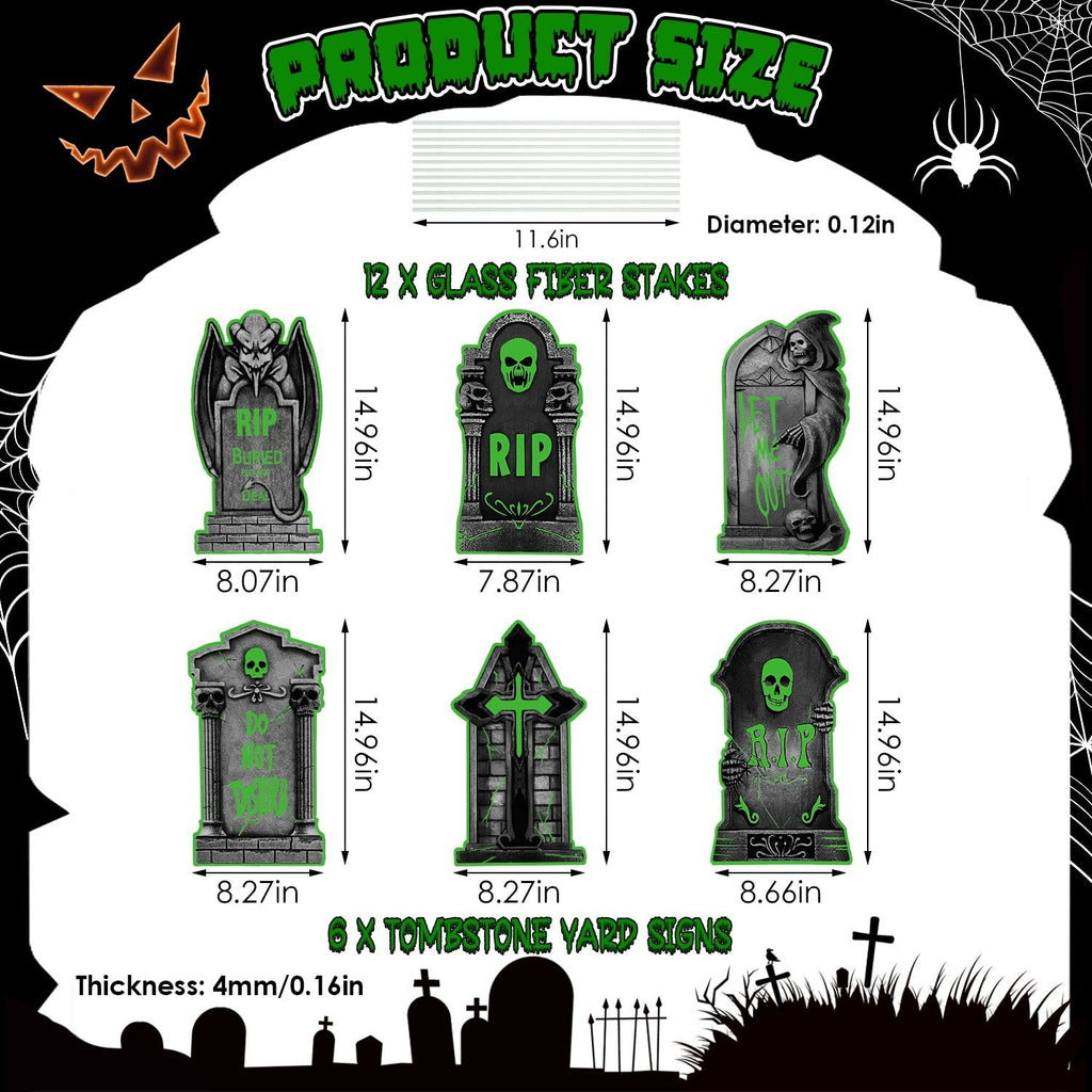 Halloween Tombstone Yard Sign Decorations 6Pcs Glow in the Dark Halloween RIP Tombstone Fluorescence Lawn Sign with 12 Stakes for Haunted House Garden