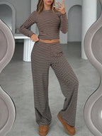 Striped Long Sleeve Crop Top and Wide Leg Pants Two-Piece Set