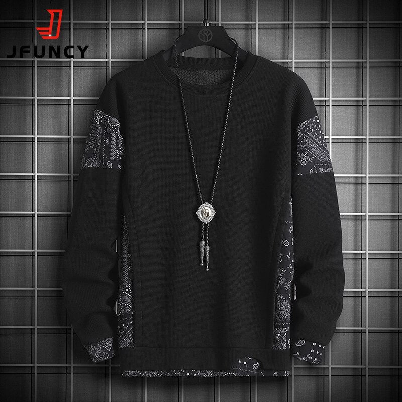 JFUNCY Autumn Harajuku Sweatshirt for Men Oversized Fake 2 Piece Hoodies Korean O-Neck Man Streetwear Male Fashion Clothes