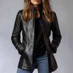 Women's Stand Collar Long Sleeve Distressed Fashion Leather Jacket Coat