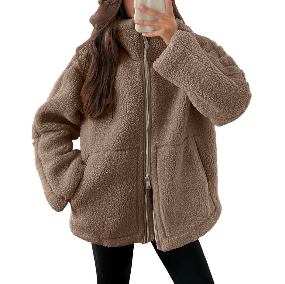 Winter Lapel Zip-up Coat With Pockets Casual Fashion Solid Fleece Jacket Fall Spring Long Sleeve Women's Clothing
