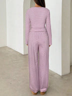 Striped Long Sleeve Crop Top and Wide Leg Pants Two-Piece Set