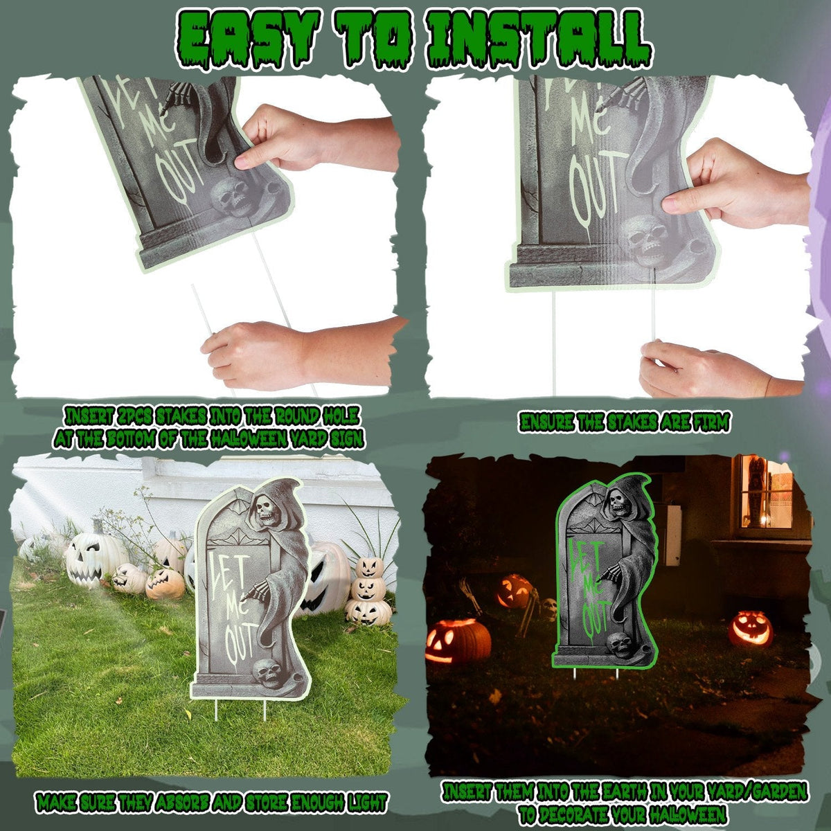 Halloween Tombstone Yard Sign Decorations 6Pcs Glow in the Dark Halloween RIP Tombstone Fluorescence Lawn Sign with 12 Stakes for Haunted House Garden