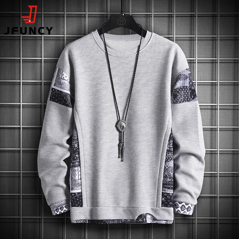 JFUNCY Autumn Harajuku Sweatshirt for Men Oversized Fake 2 Piece Hoodies Korean O-Neck Man Streetwear Male Fashion Clothes