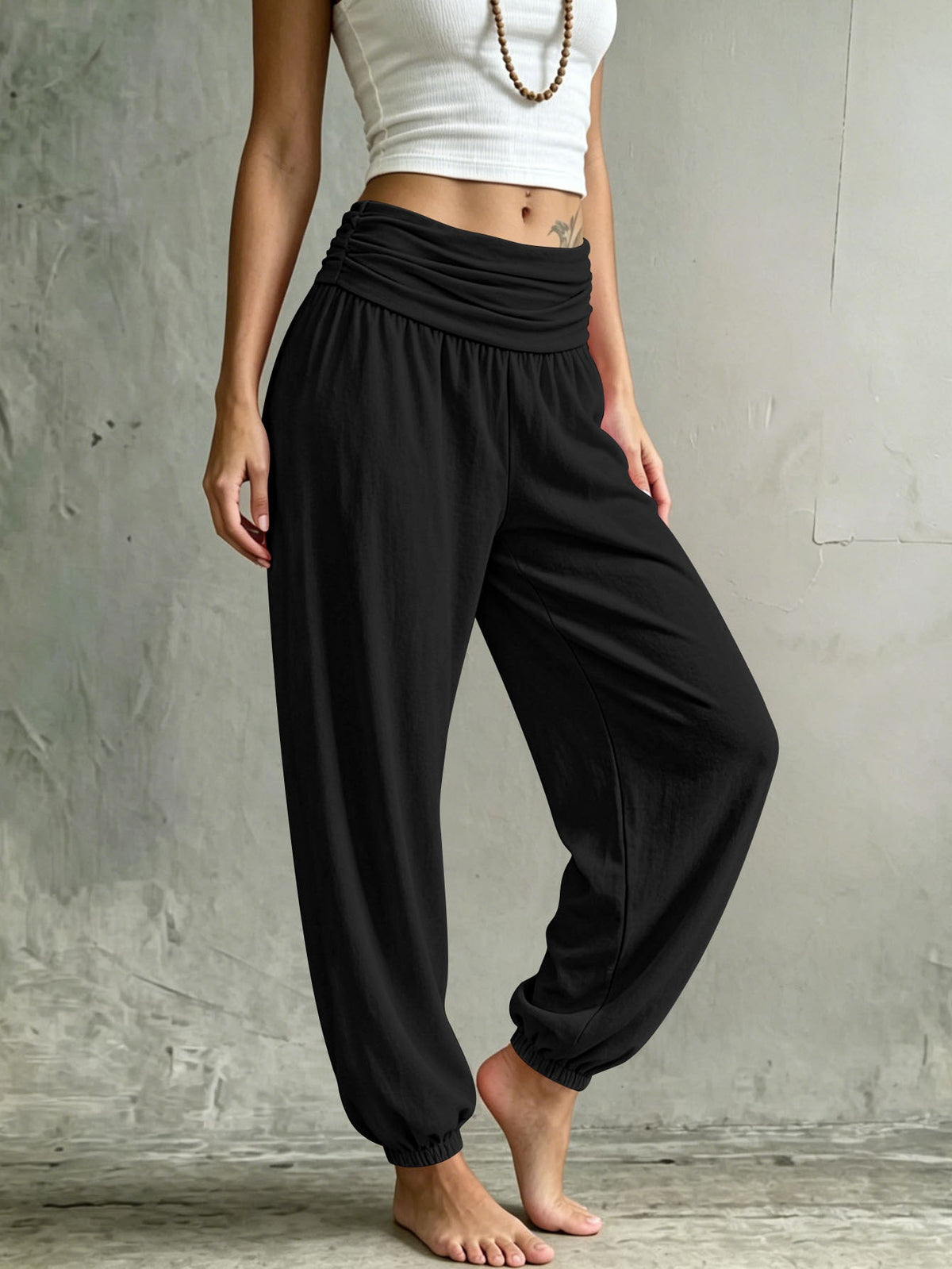 Summer Women Fold Over Waist Joggers, Soft Stretchy Loose Harem Pants Casual Daily Lounge Tapered Sweat Pants