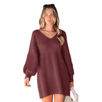V-Neck Puff Sleeve Knit Mini Dress