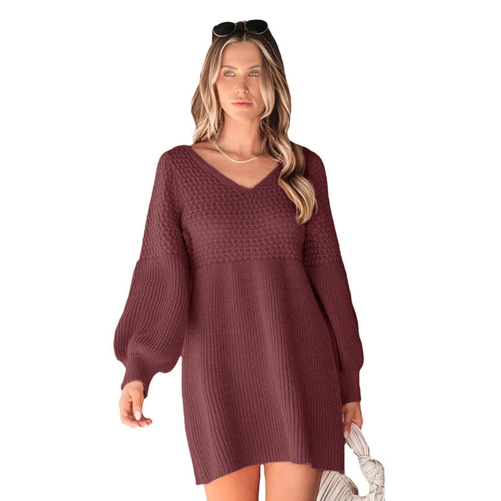 V-Neck Puff Sleeve Knit Mini Dress