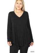LONG SLEEVE V-NECK DOLPHIN HEM TOP (BLACK)