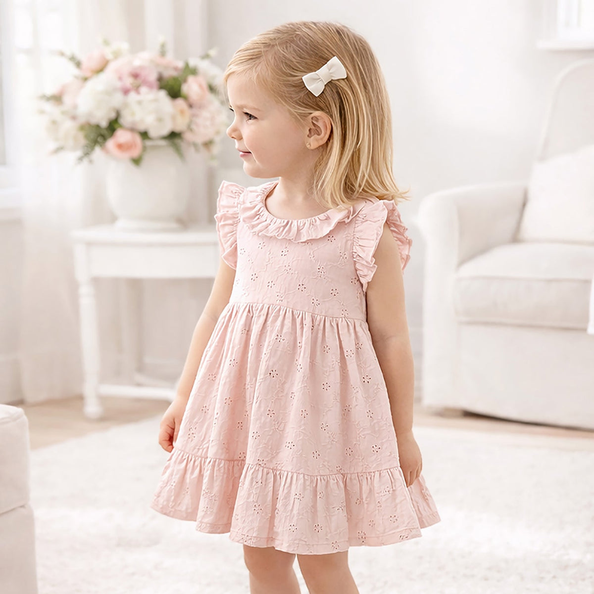 Pink Cotton Eyelet Girls Dress