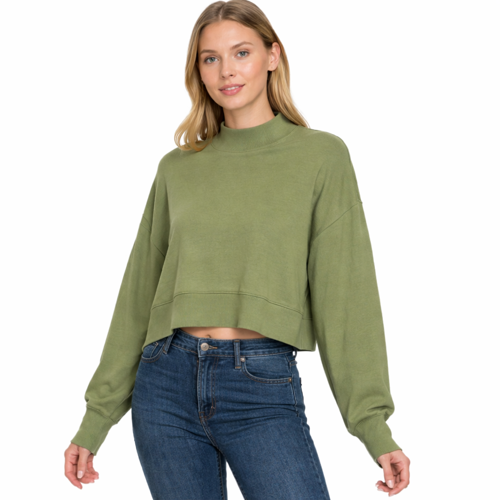 SIDE SLIT OVERSIZED CROPPED SWEATER (LT OLIVE)