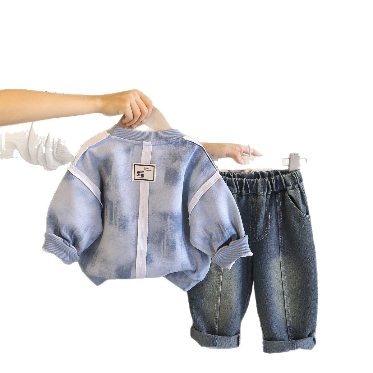 Two piece set of round neck hoodies for infants and children
