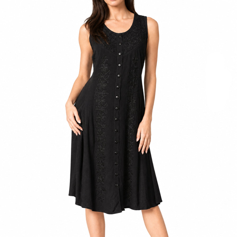Floral Embroidered Button-Up Midi Dress