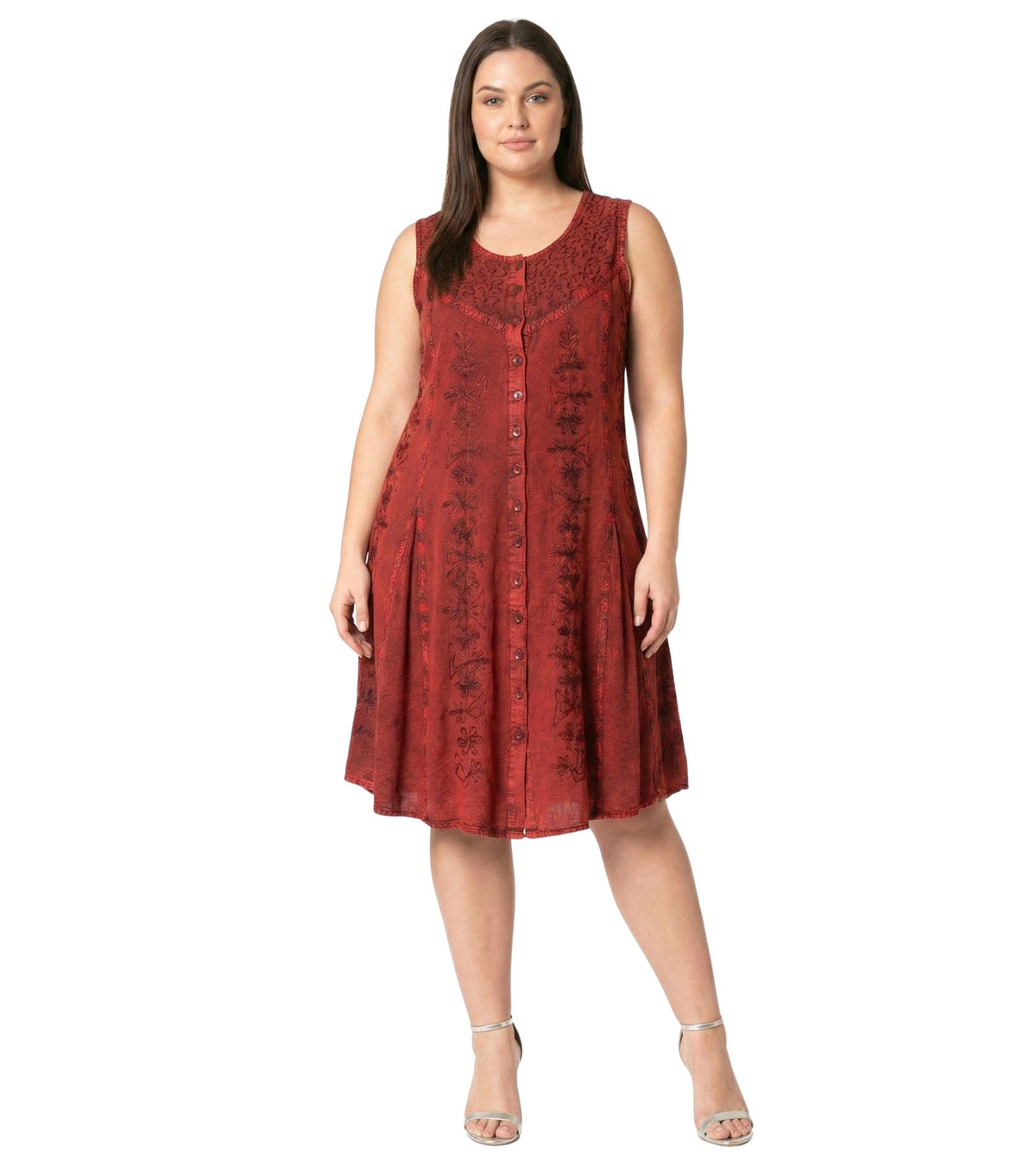 Floral Embroidered Button-Up Midi Dress