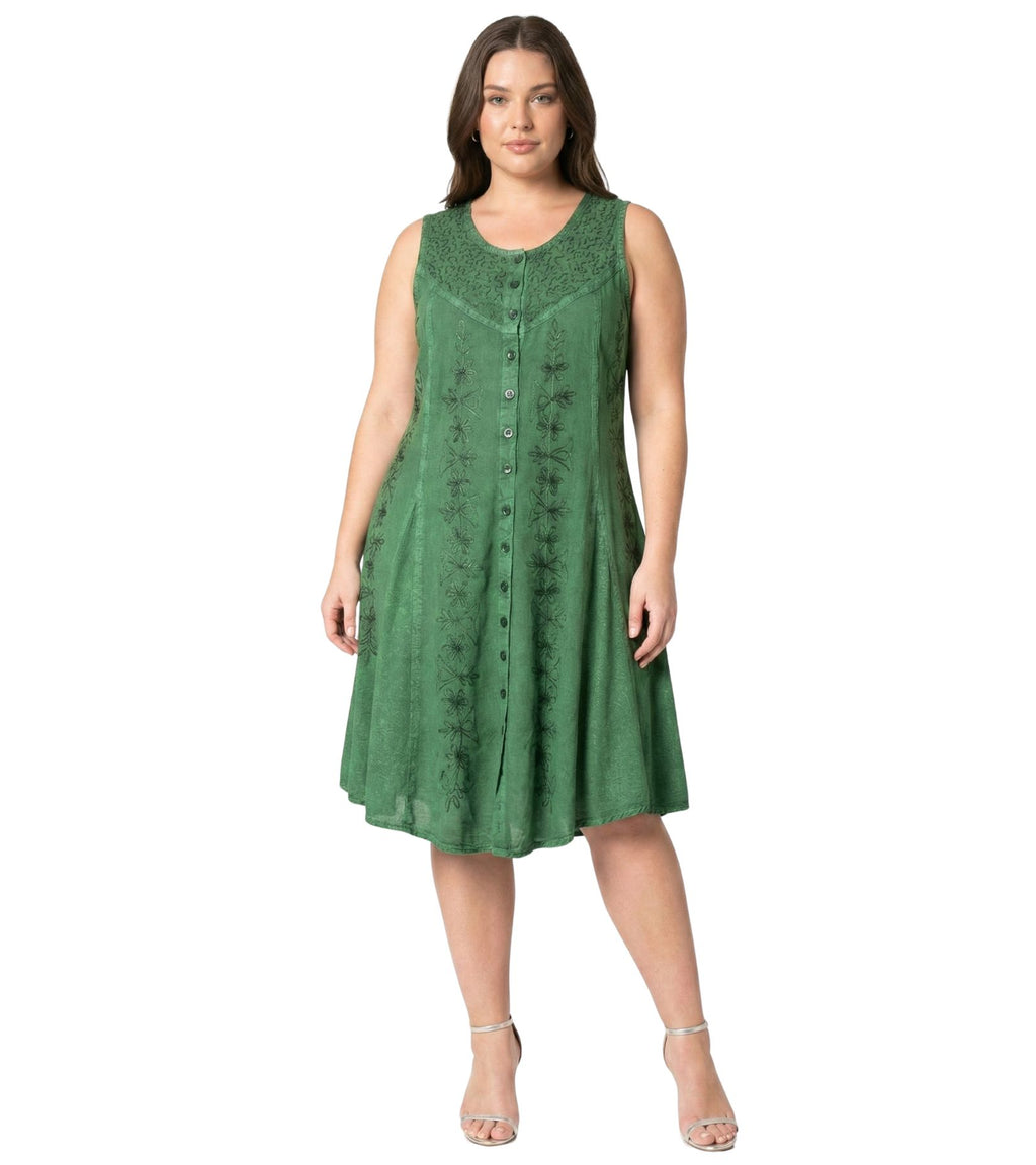 Floral Embroidered Button-Up Midi Dress