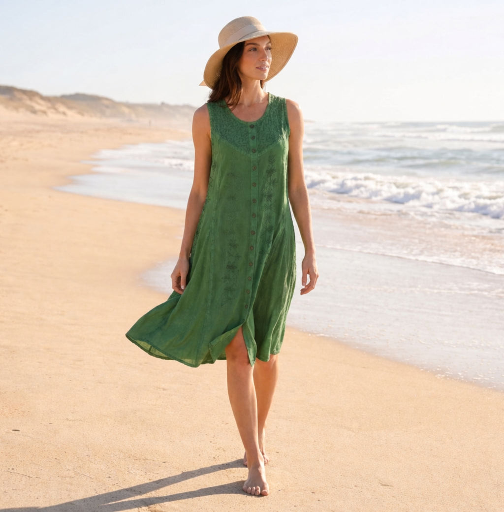 Floral Embroidered Button-Up Midi Dress