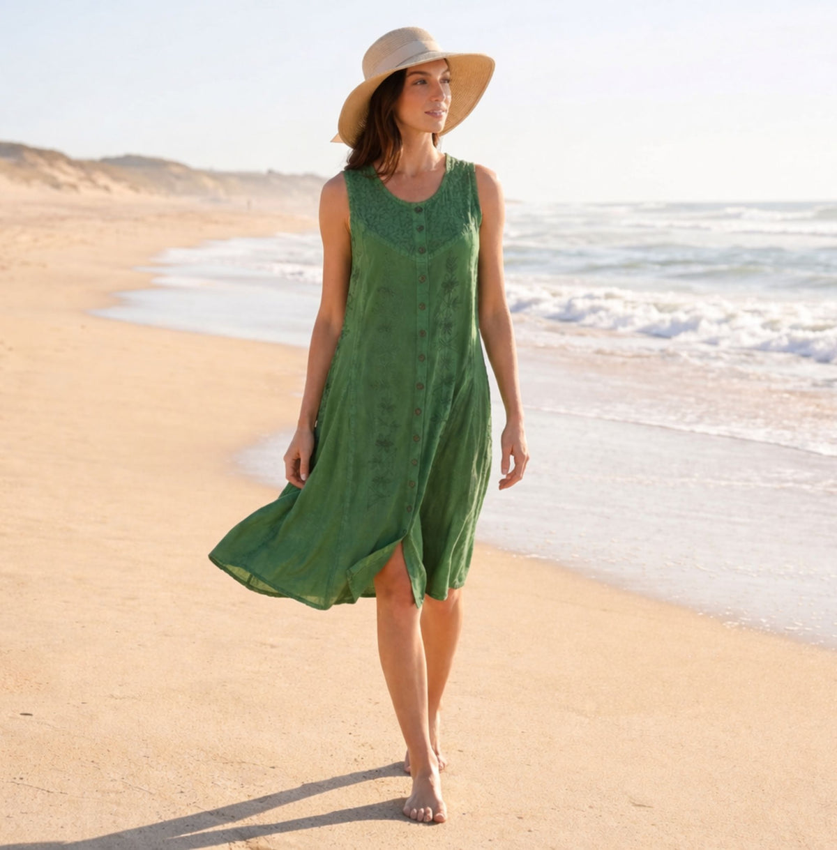 Floral Embroidered Button-Up Midi Dress