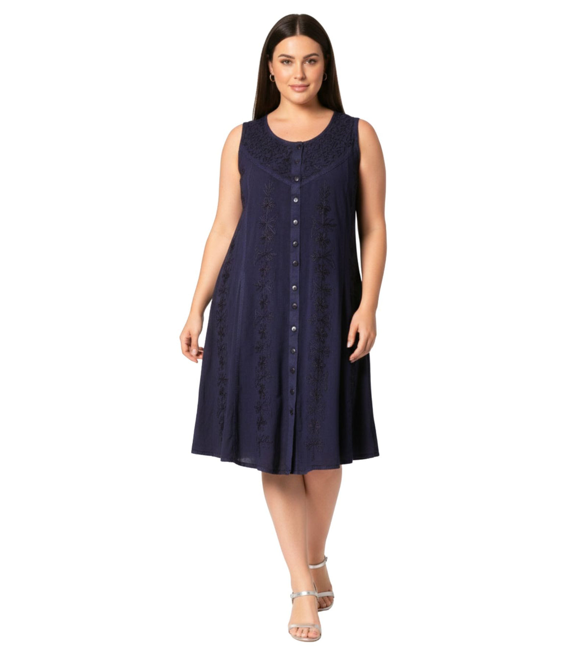 Floral Embroidered Button-Up Midi Dress