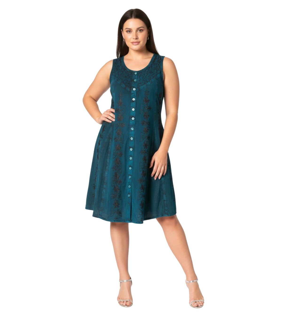Floral Embroidered Button-Up Midi Dress