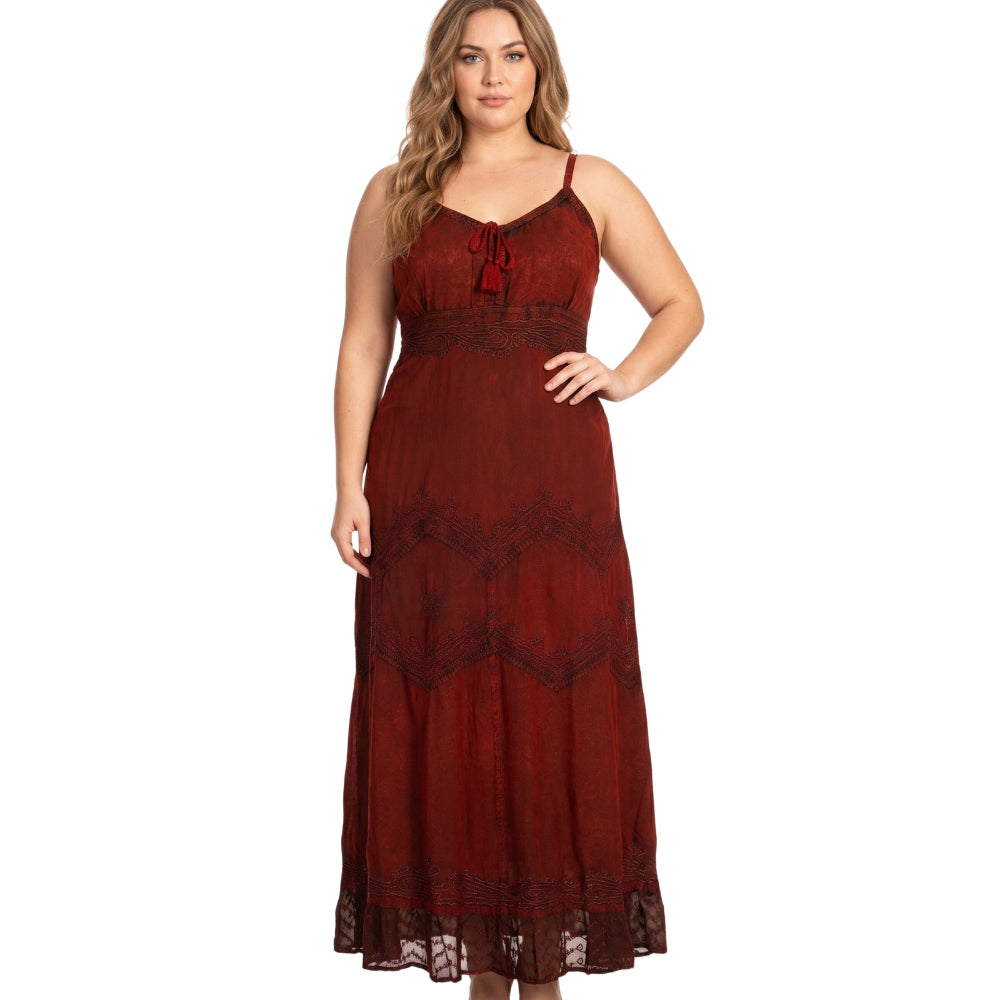 Stonewashed Rayon Embroidered Maxi Dress
