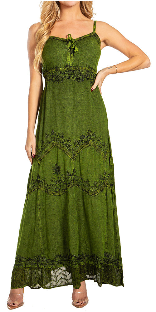 Stonewashed Rayon Embroidered Maxi Dress
