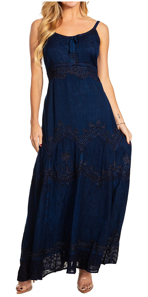 Stonewashed Rayon Embroidered Maxi Dress