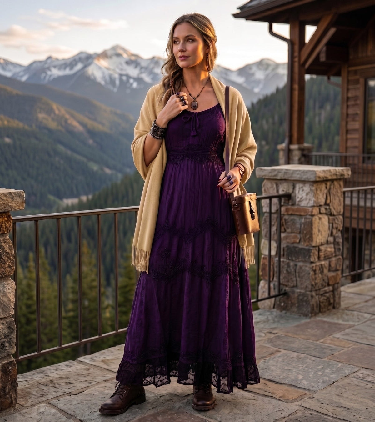 Stonewashed Rayon Embroidered Maxi Dress