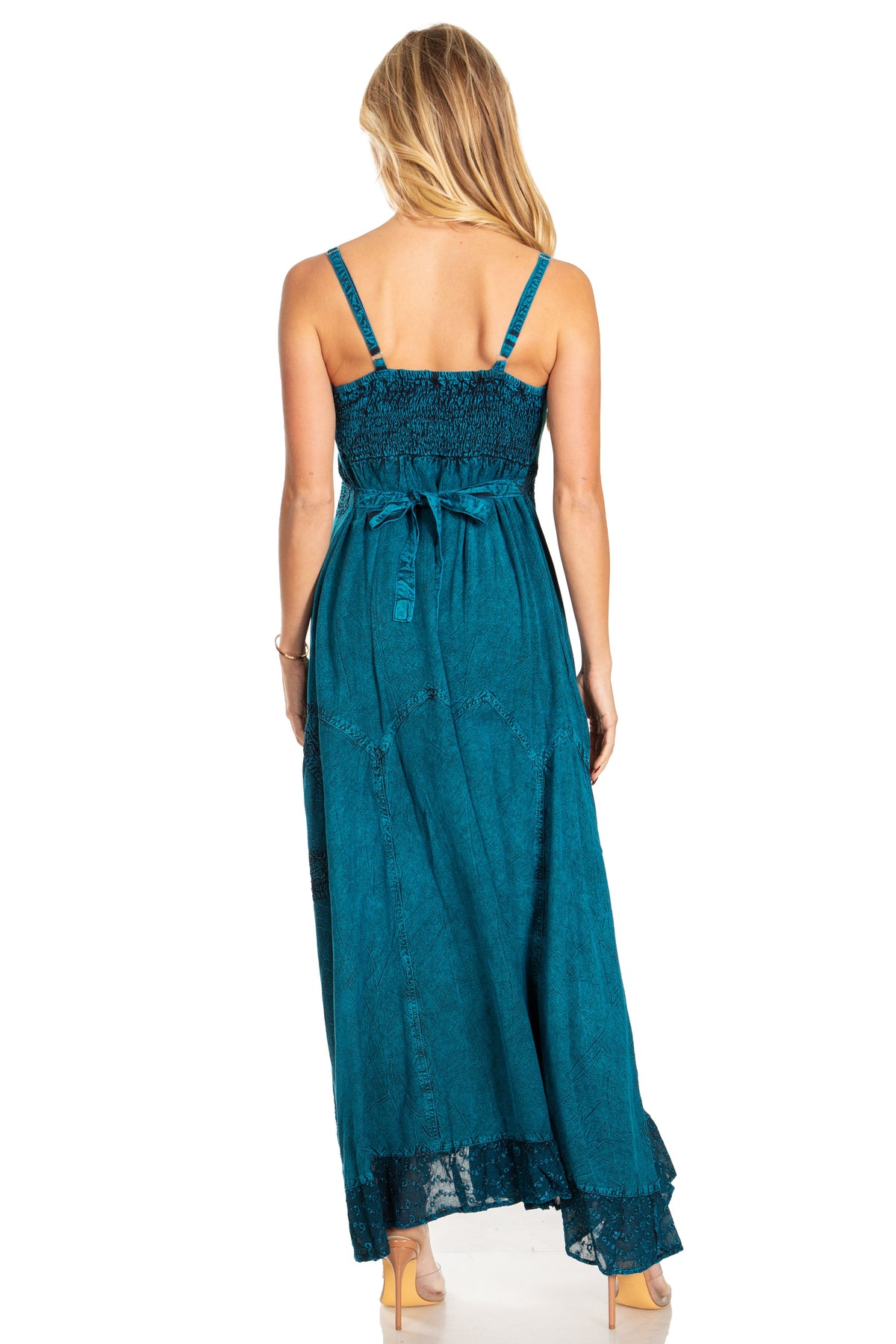 Stonewashed Rayon Embroidered Maxi Dress