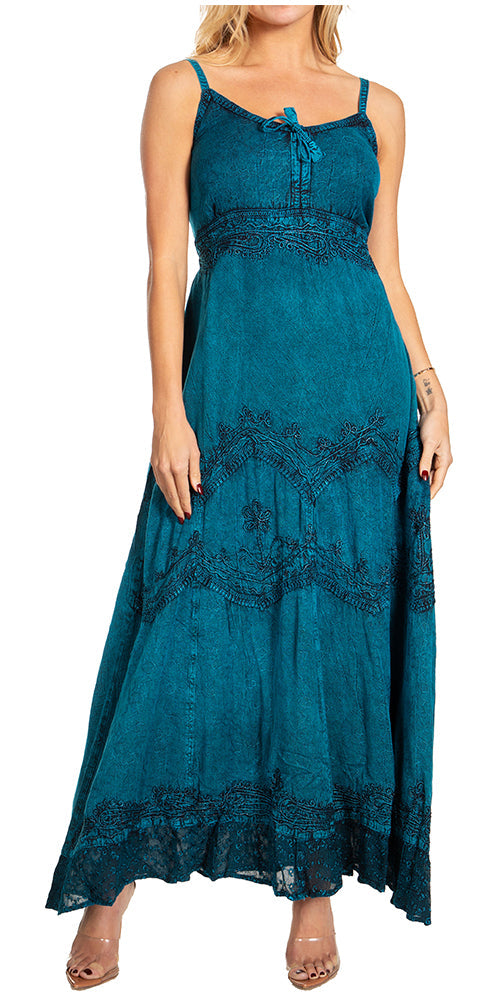 Stonewashed Rayon Embroidered Maxi Dress