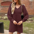 V-Neck Puff Sleeve Knit Mini Dress